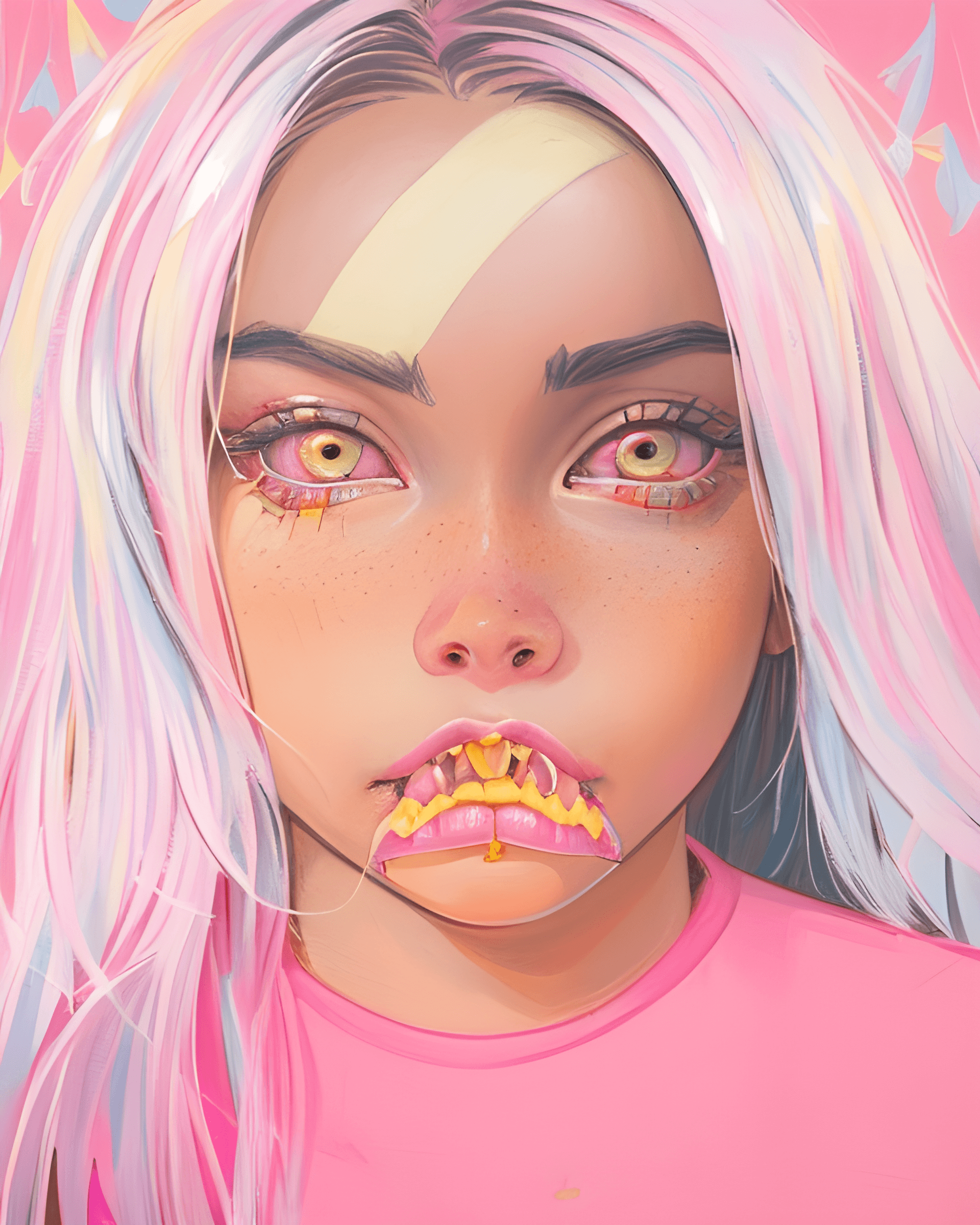 AI generated: a painting of a woman with pink hair, billie eilish portrait, devouring, trending on artforum, los a...