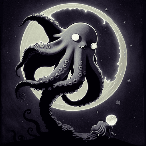 AI generated: a digital illustration of, a giant octopus wrapping its tentacles around the moon, in the darkness o...