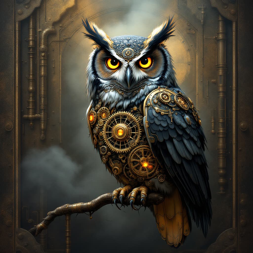 AI generated: "A highly detailed and intricate steampunk owl illustration designed specifically for wall art. The ...
