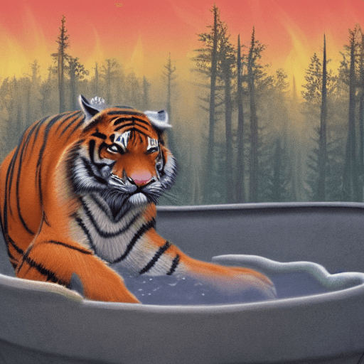 AI generated: Tiger yawning in a waterpool with some forest fire in the background and deers running helter skelte...