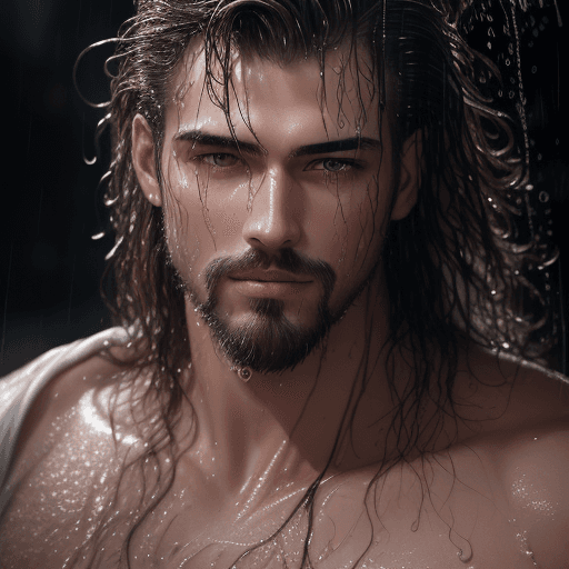 AI generated: a man, wet hair, splashes of raining water with facial hair, intricate details, male model portrait ...