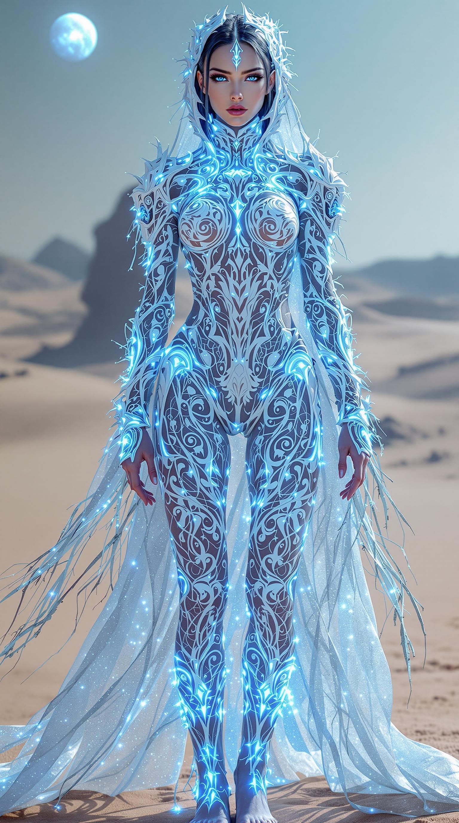 AI generated: A full body photo shot of a stunning and lethal image wearing a shimmering, spectral suit with intri...