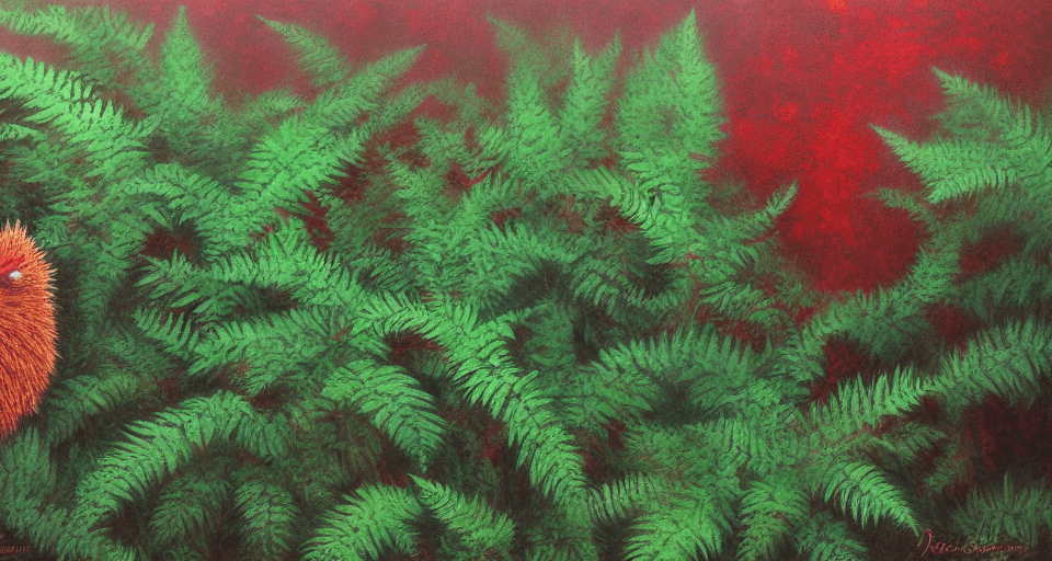 AI generated: Red Hedgehog in a Misty Forest and Deep Green Ferns, Realistic, Soft Lighting, detailed, oil paintin...