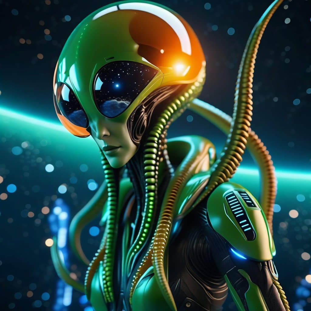 AI generated: highest quality photo of ((alien species)) space explorer (green:8), (orange:6), (blue:7), tentacles...