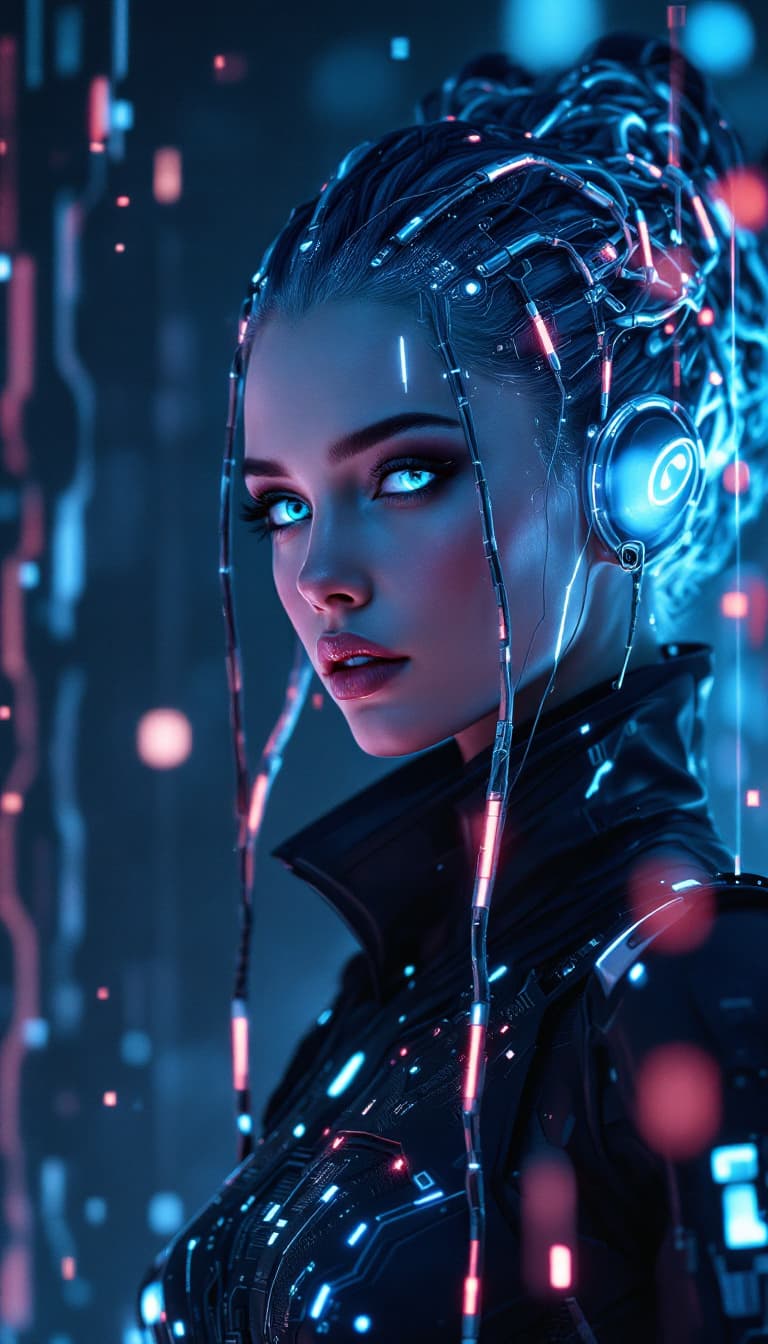 AI generated: An ultra-realistic, full-body portrait of a captivating cyberpunk oracle woman, radiating technologi...