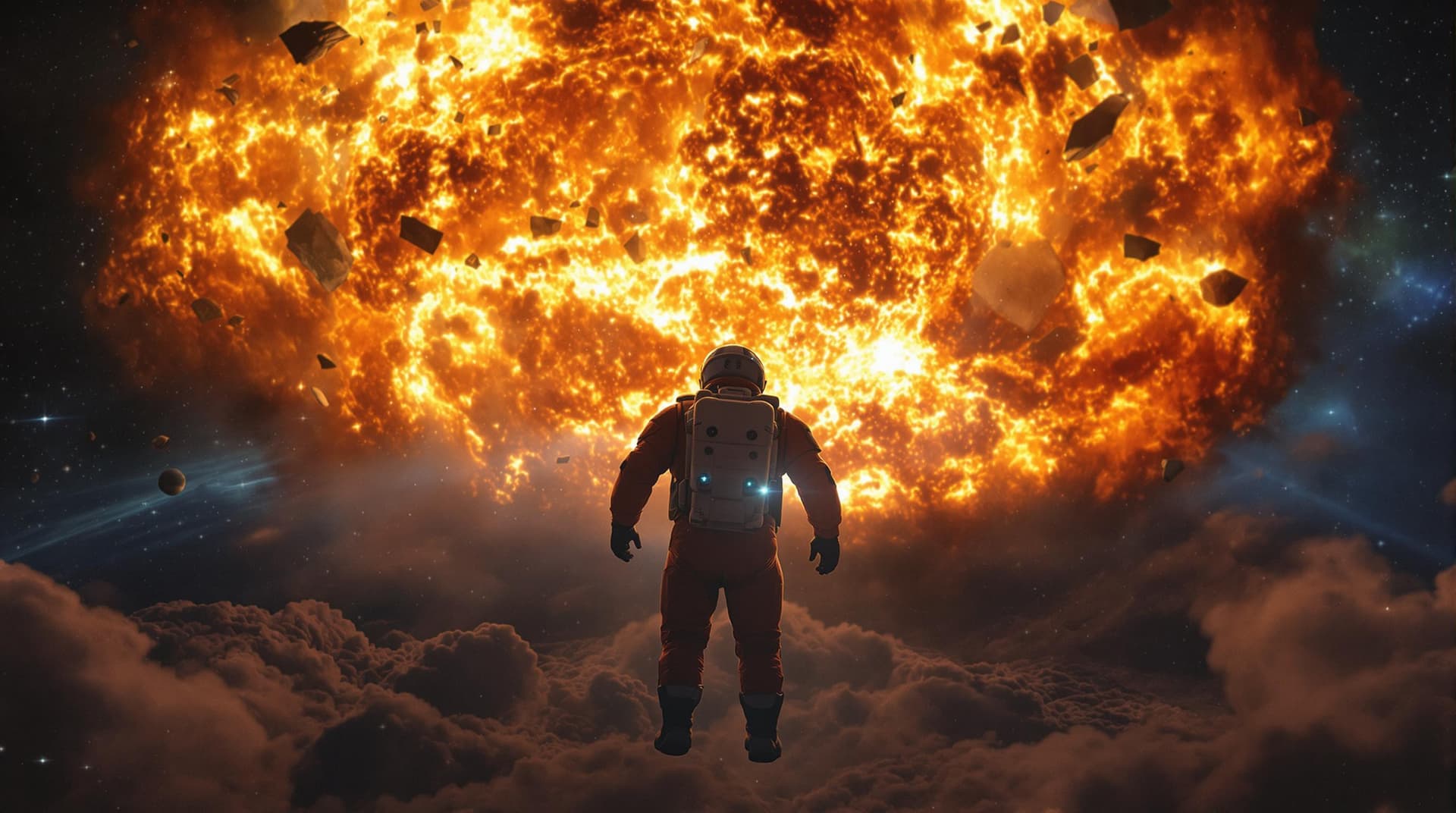 AI generated: portrait of man in space suit floating in space, sharp focus, realistic, hyper realistic, cinematic,...