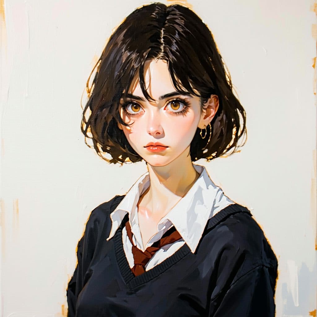 AI generated: realistic oil painting with soft colors, anime, artsy female type, semirealistic, kind of unsettling...