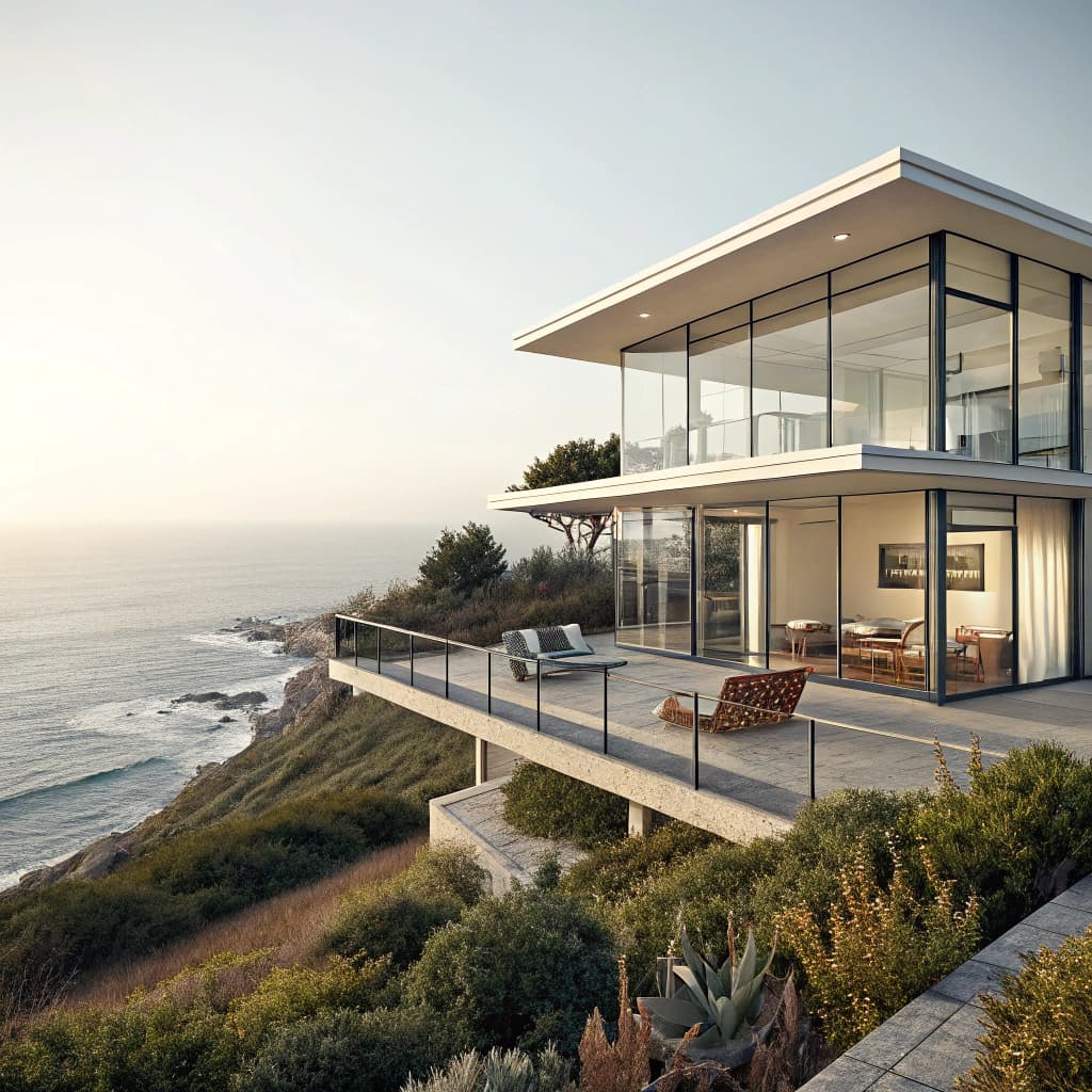 AI generated: Hyper realistic eye level exterior photo of a mid century modern style house overlooking the ocean, ...