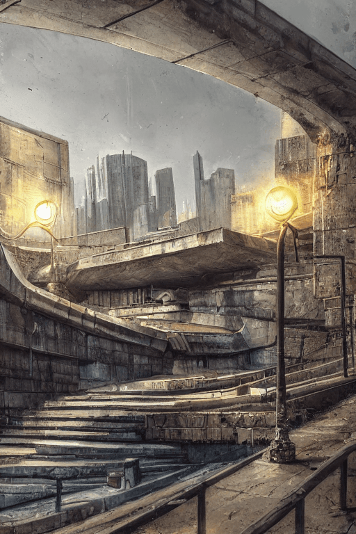 AI generated: curving river canal in ruined apocalyptic sci-fi city, stone plazas, stone steps, temples, sci-fi mi...