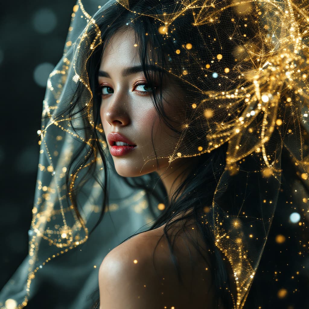 AI generated: 1woman,beautiful,long hair,gold lining,veil, by Minjae Lee, Carne Griffiths, Emily Kell, Steve McCur...