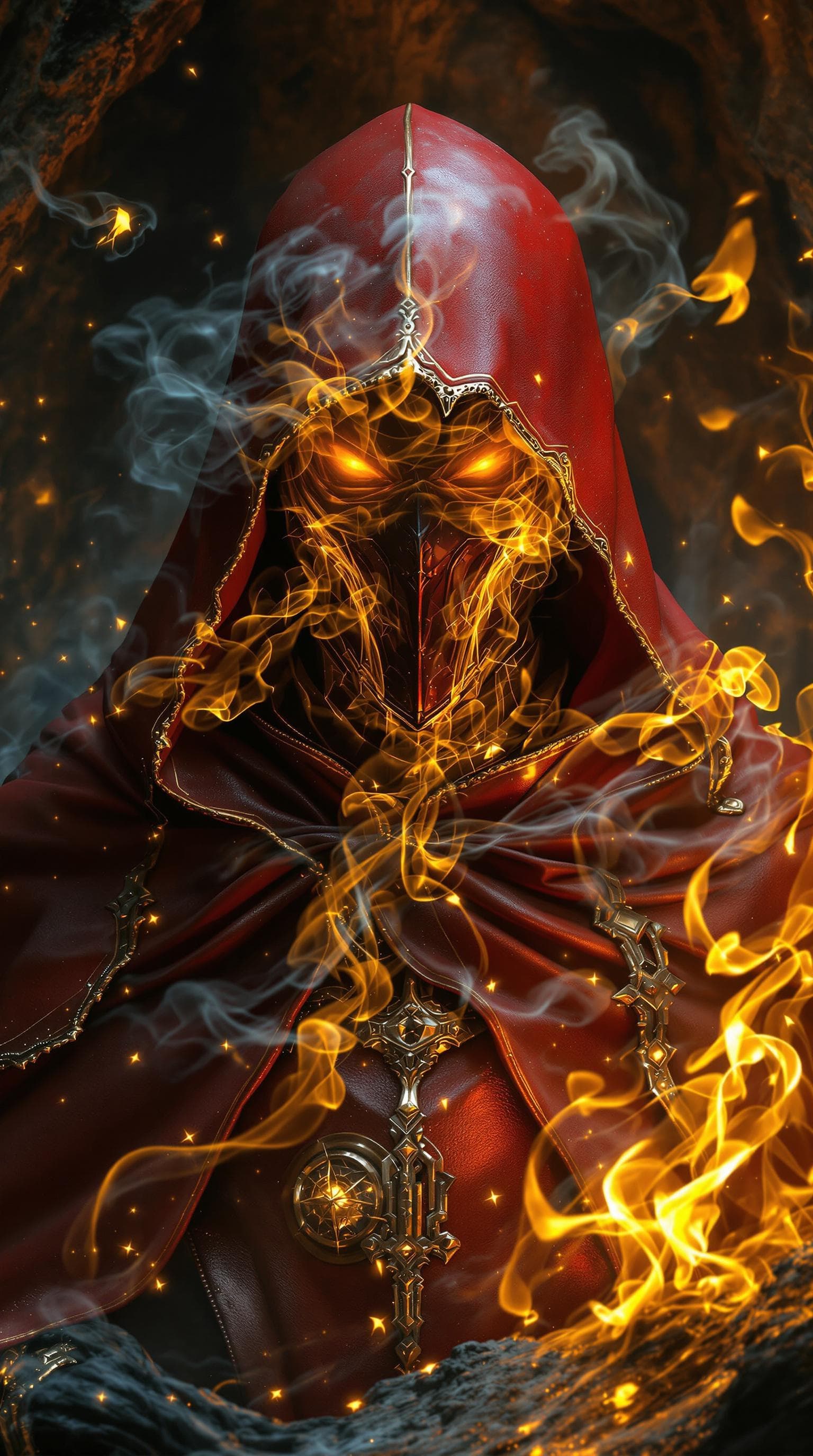 AI generated: Dark fantasy, shadow knights, (( red and gold plug suit, yellow smoke in plug suit)), (burning eyes:...