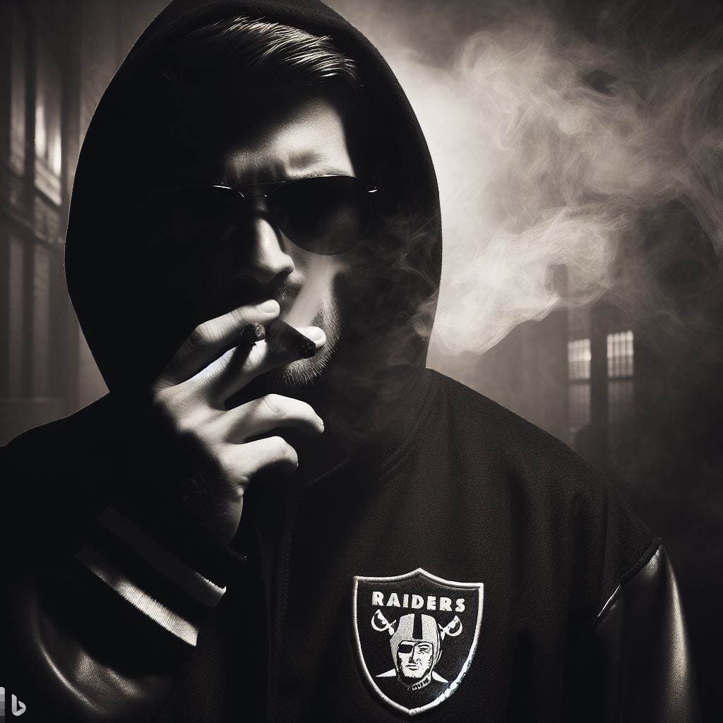 AI generated: A mysterious man in a Raiders uniform, captured in the style of film noir, dramatic lighting, high c...