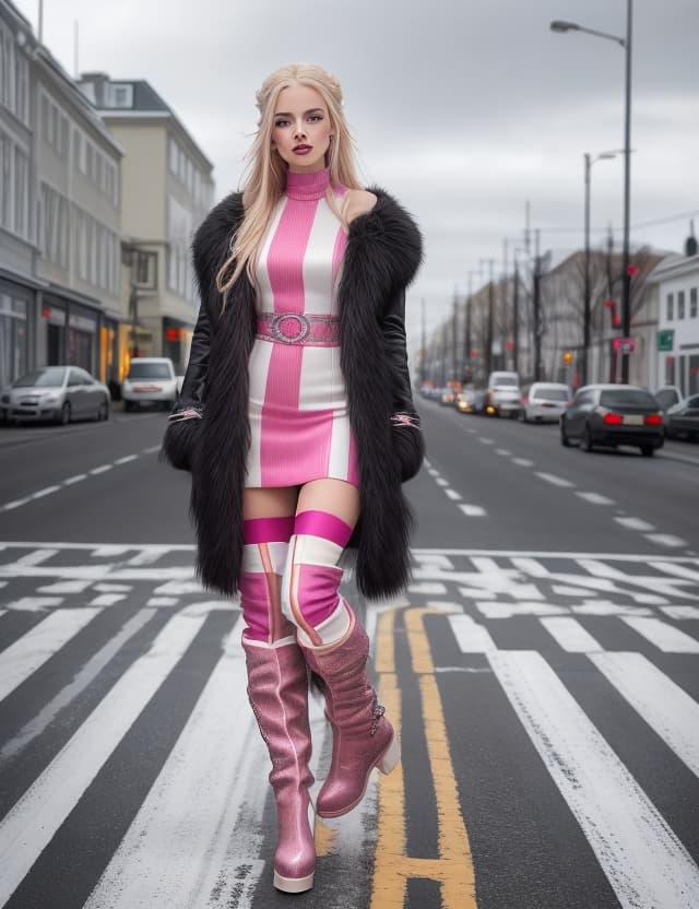 AI generated: photo of a high fashion Icelandic a beautyful model woman  ruddy skin, beautiful, full lips, sparkli...