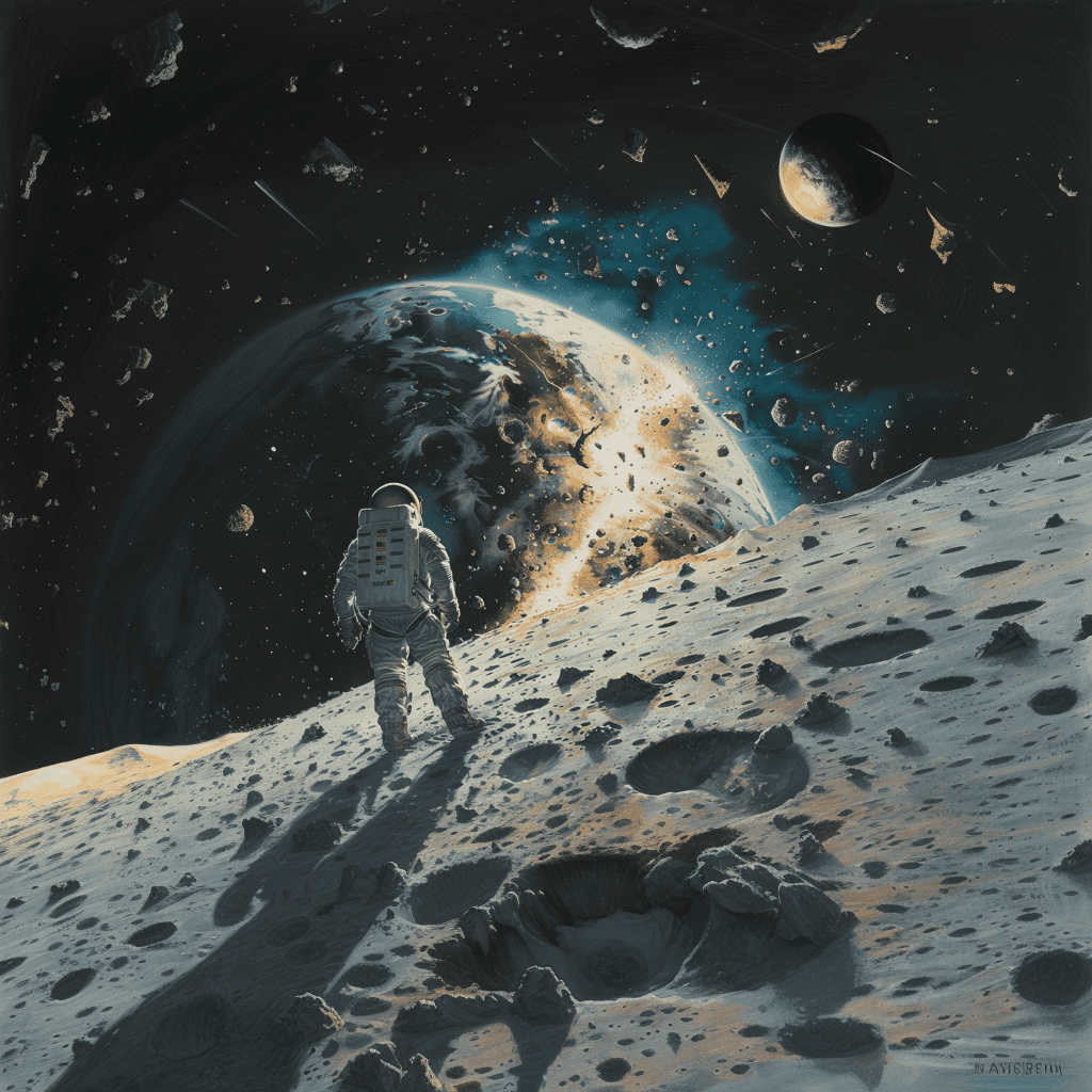 AI generated: Man with spacesuit on the moon, looking at the Earth, Earth explodes beautifully, top angle
