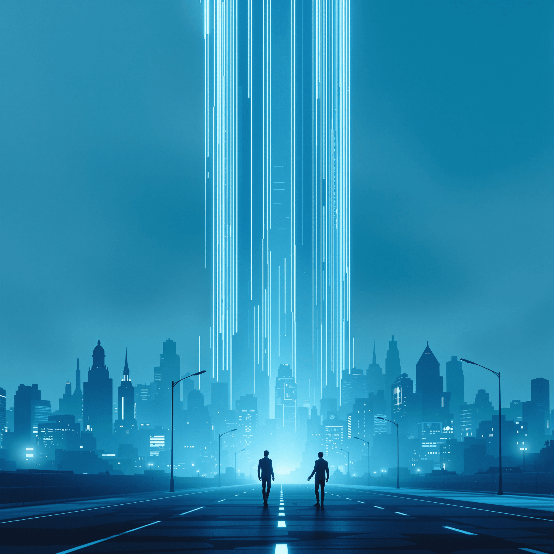 AI generated: minimalist sci-fi image of Blue City. A massive energy-collecting cyborg rises from the urban landsc...