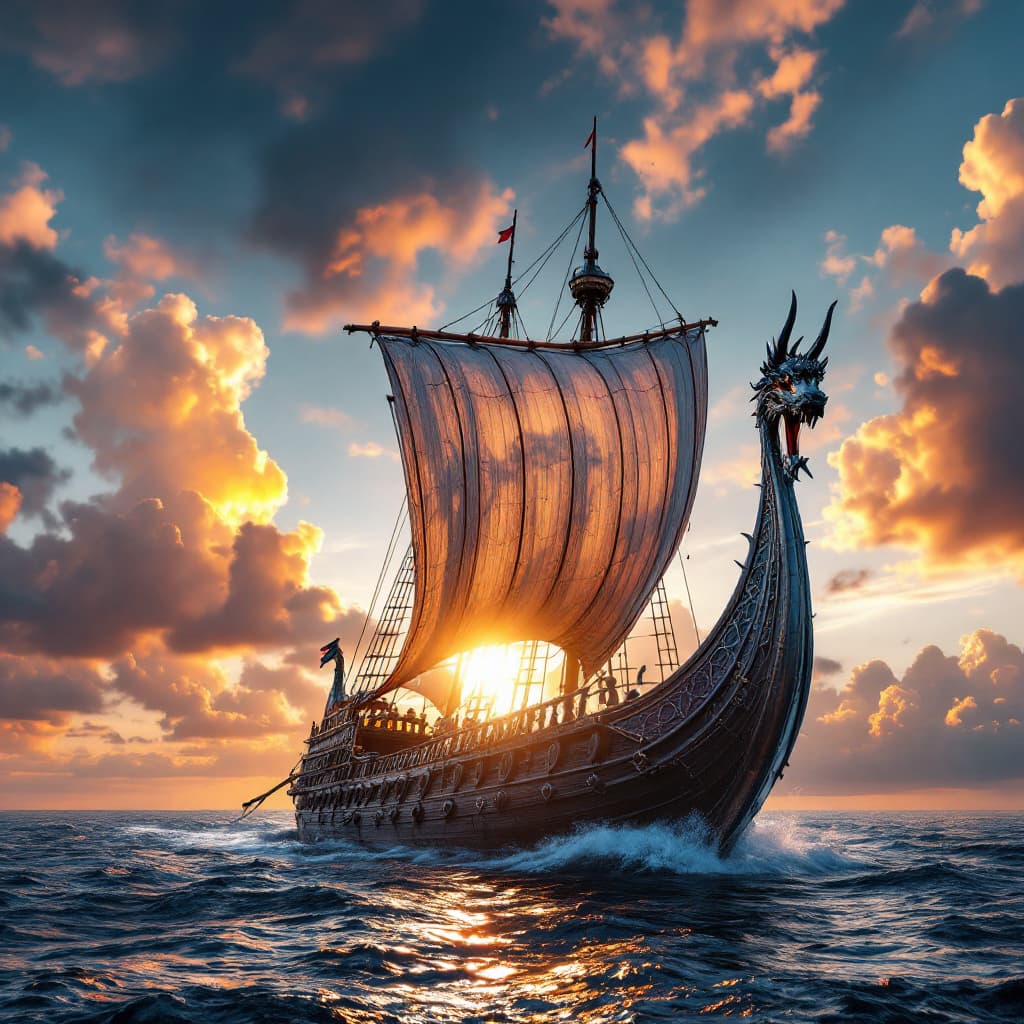 AI generated: Photo of authentic Viking ship with dragon head headpiece and dragon tail tailpiece, midday in drama...
