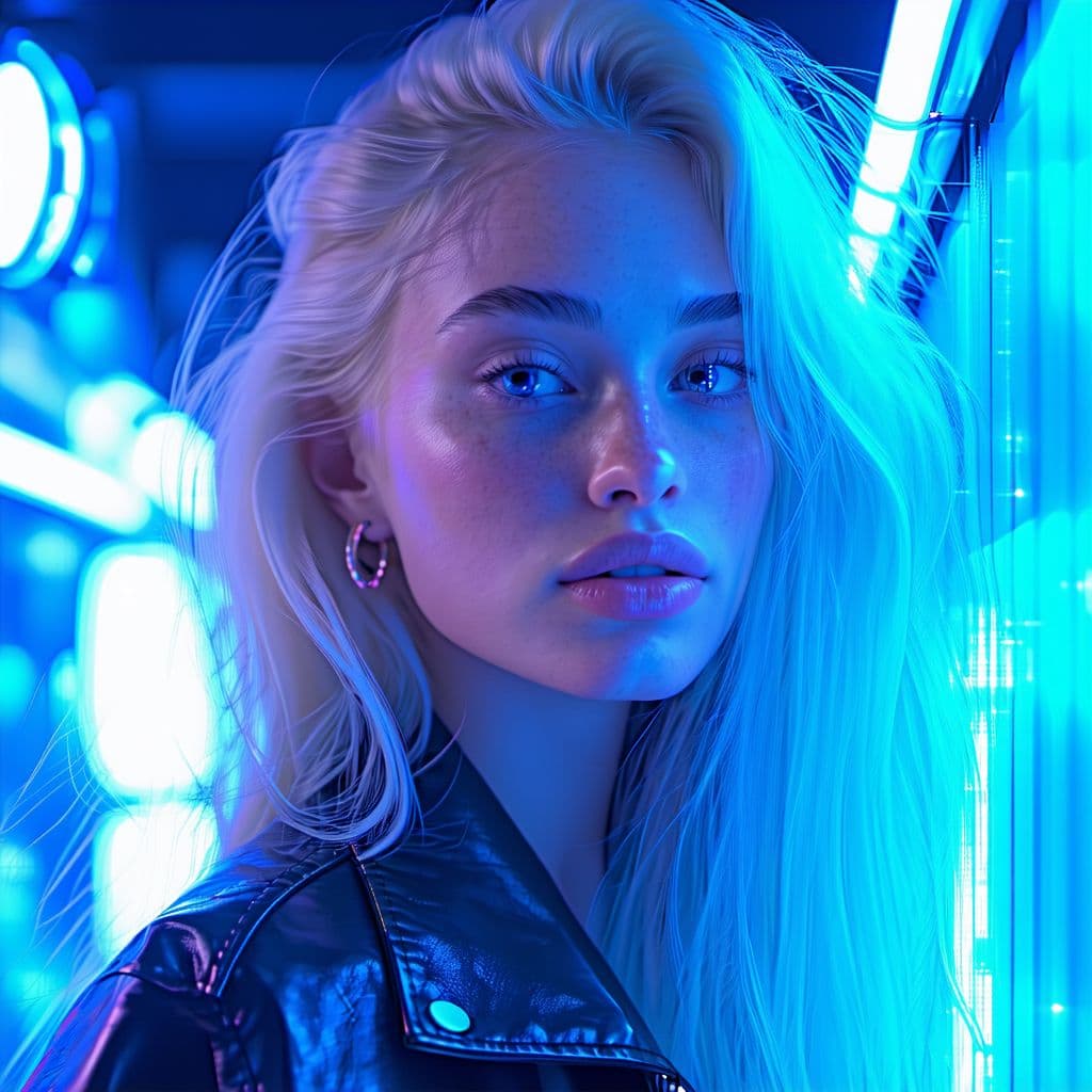 AI generated: digital art, fashion editorial, a close portrait of beautiful blond woman is studio double exposure ...