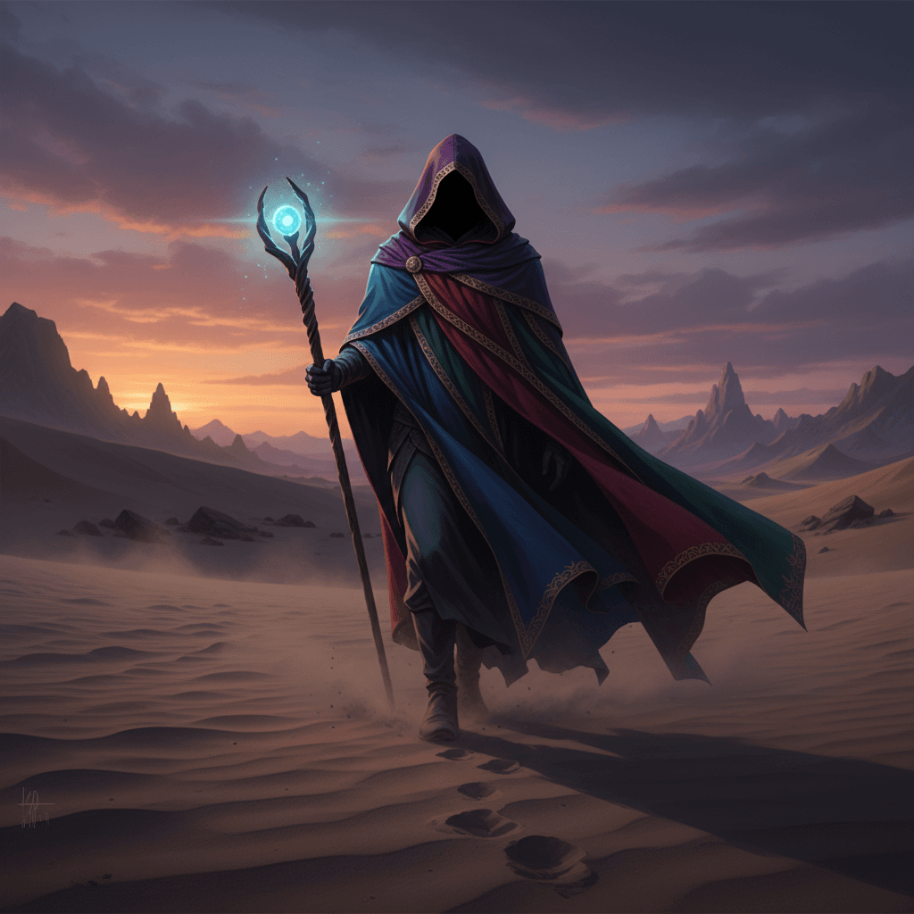 AI generated: Mysterious figure in striking cloak walking through the desert