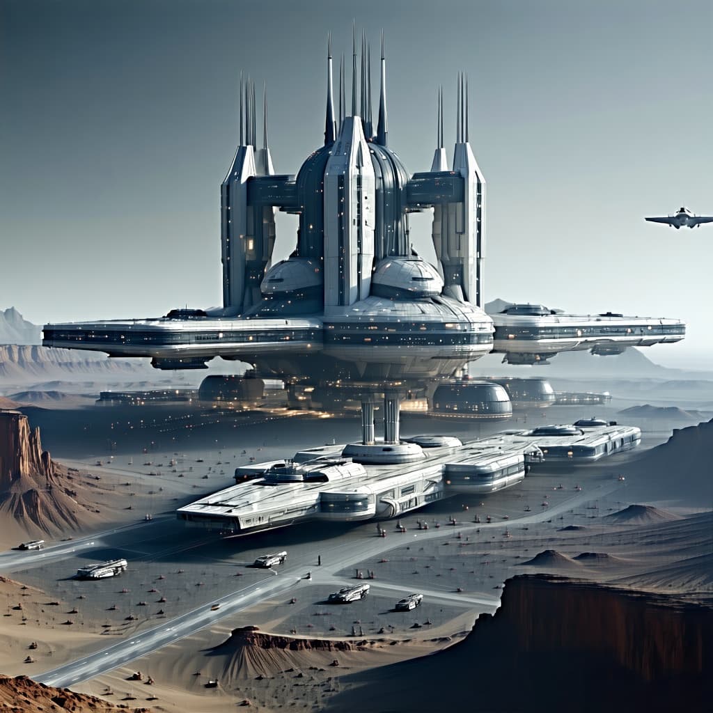 AI generated: A massive Luna space station city sits on a large surface area on the planet Mars. Capable of dockin...