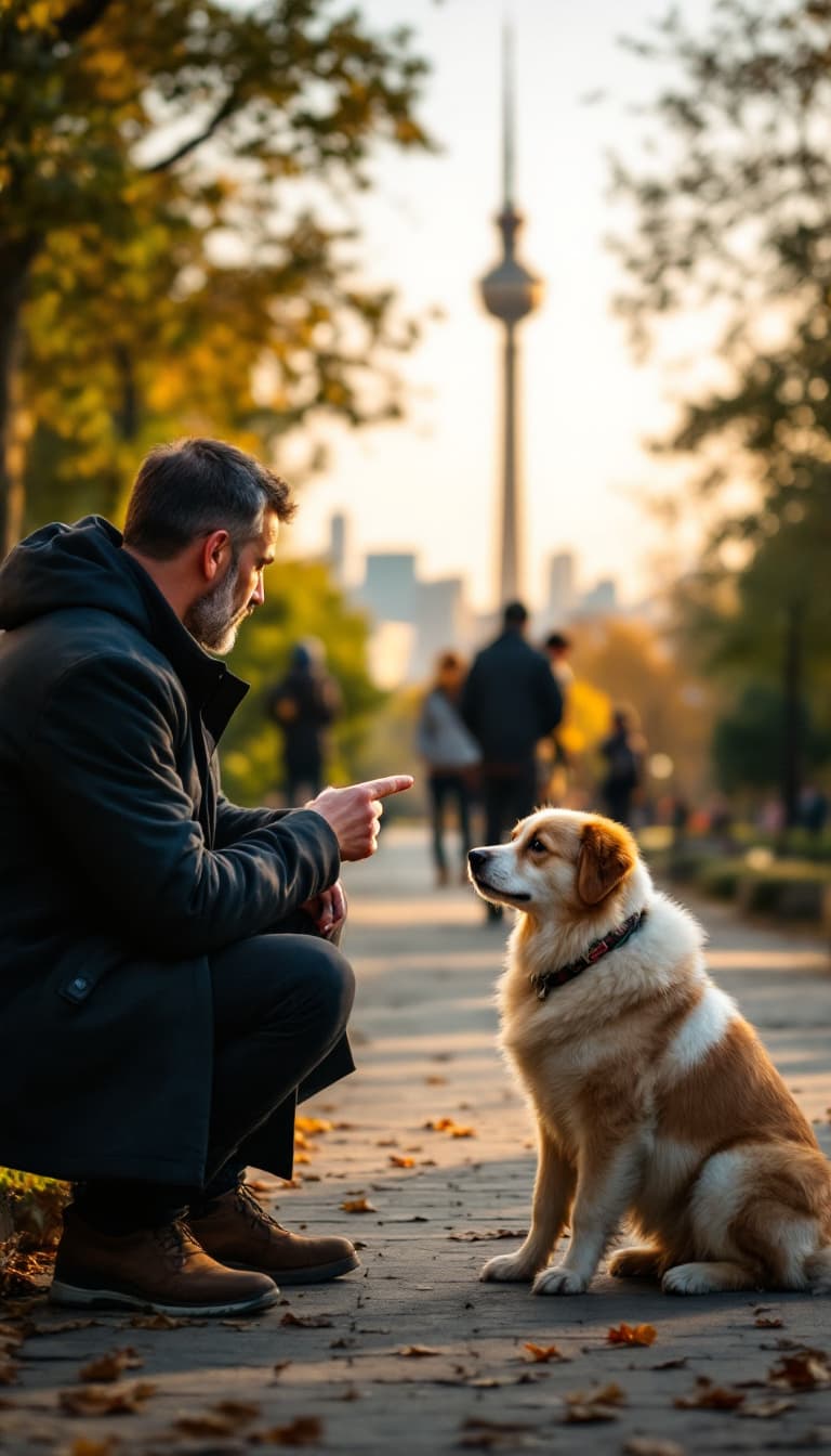 AI generated: A man is commanding his dog to sit in a park in Tehran. He extends his hand with his index finger po...