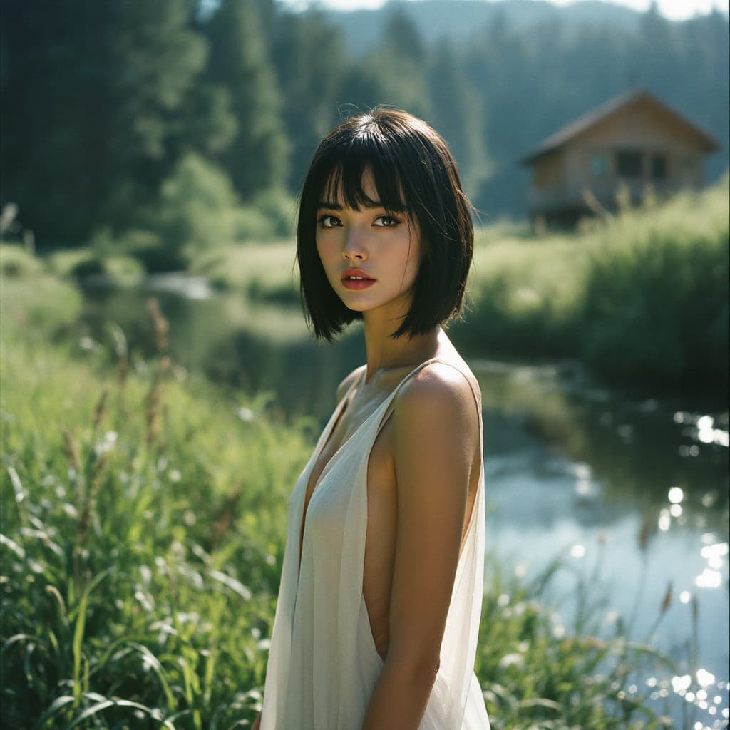 AI generated: analog color film photograph of an extremely beautiful woman with dark perfect eyes, short straight ...