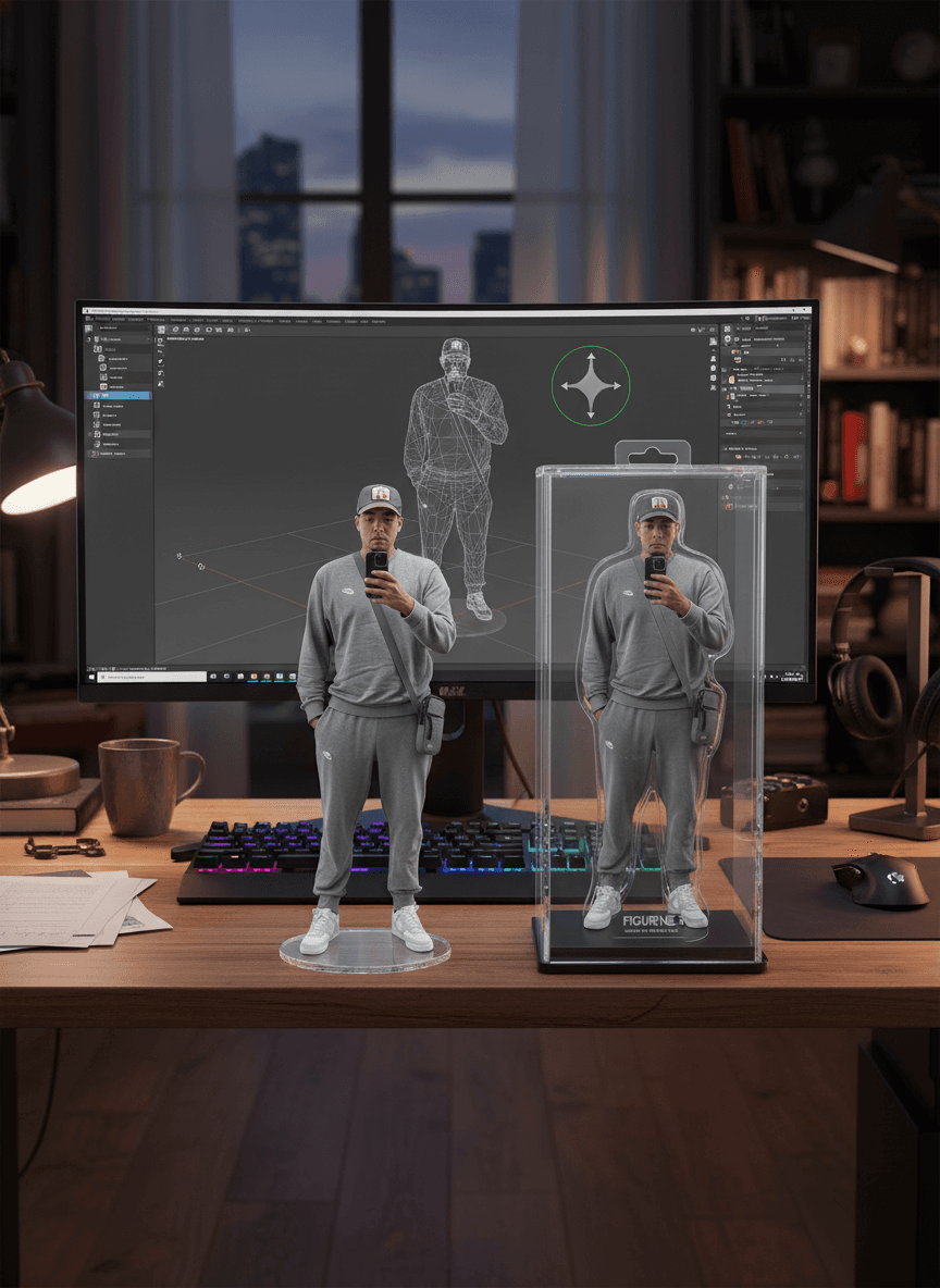 AI generated: Transforming the photographed person into a realistic 3D figurine in front of a computer desk. The c...