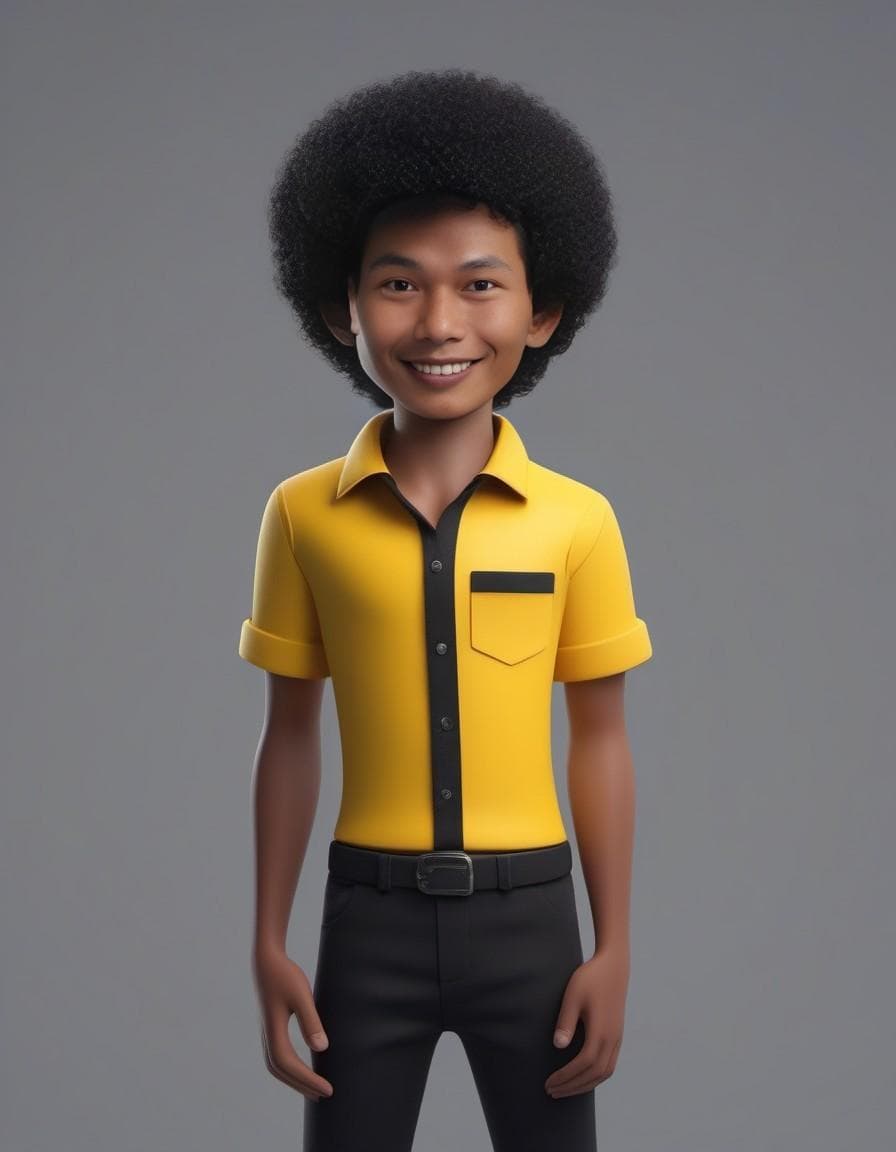 AI generated: a boy with curly hair and yellow shirt, in the style of rendered in cinema4d, charming characters, i...