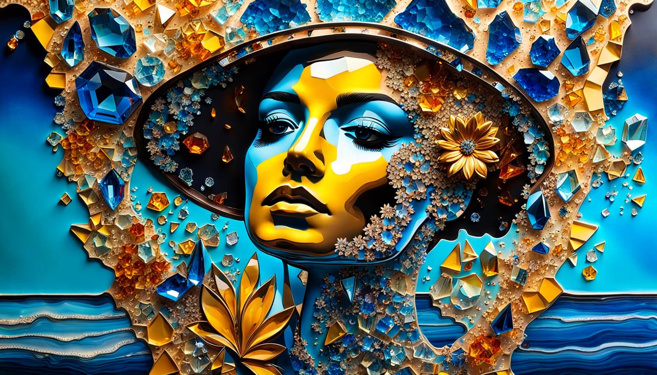 AI generated: grunge style personal portrait, 16k, multi-textured, low poly  Swarovsky crystals, amber fractals, b...