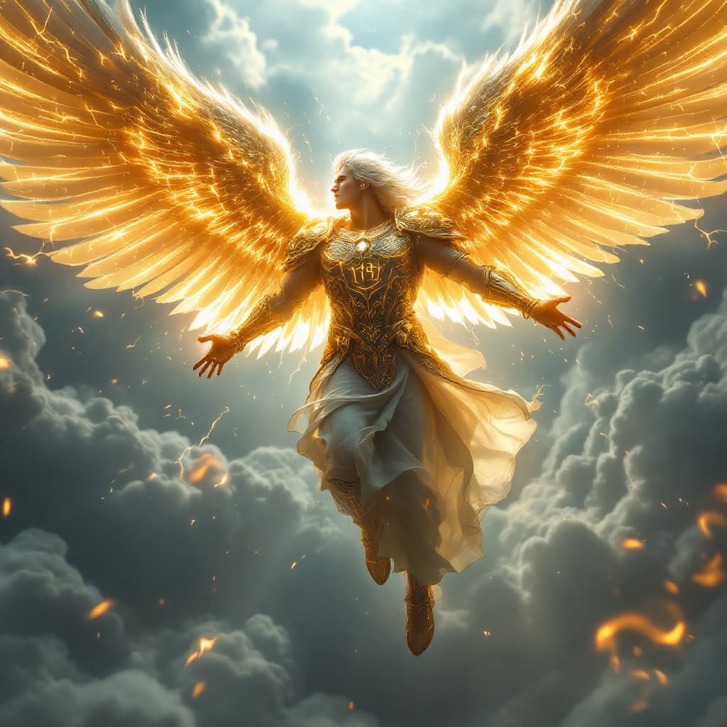 AI generated: Ultra-realistic, 8K cinematic image of a mighty warrior angel blowing the final trumpet from the Boo...