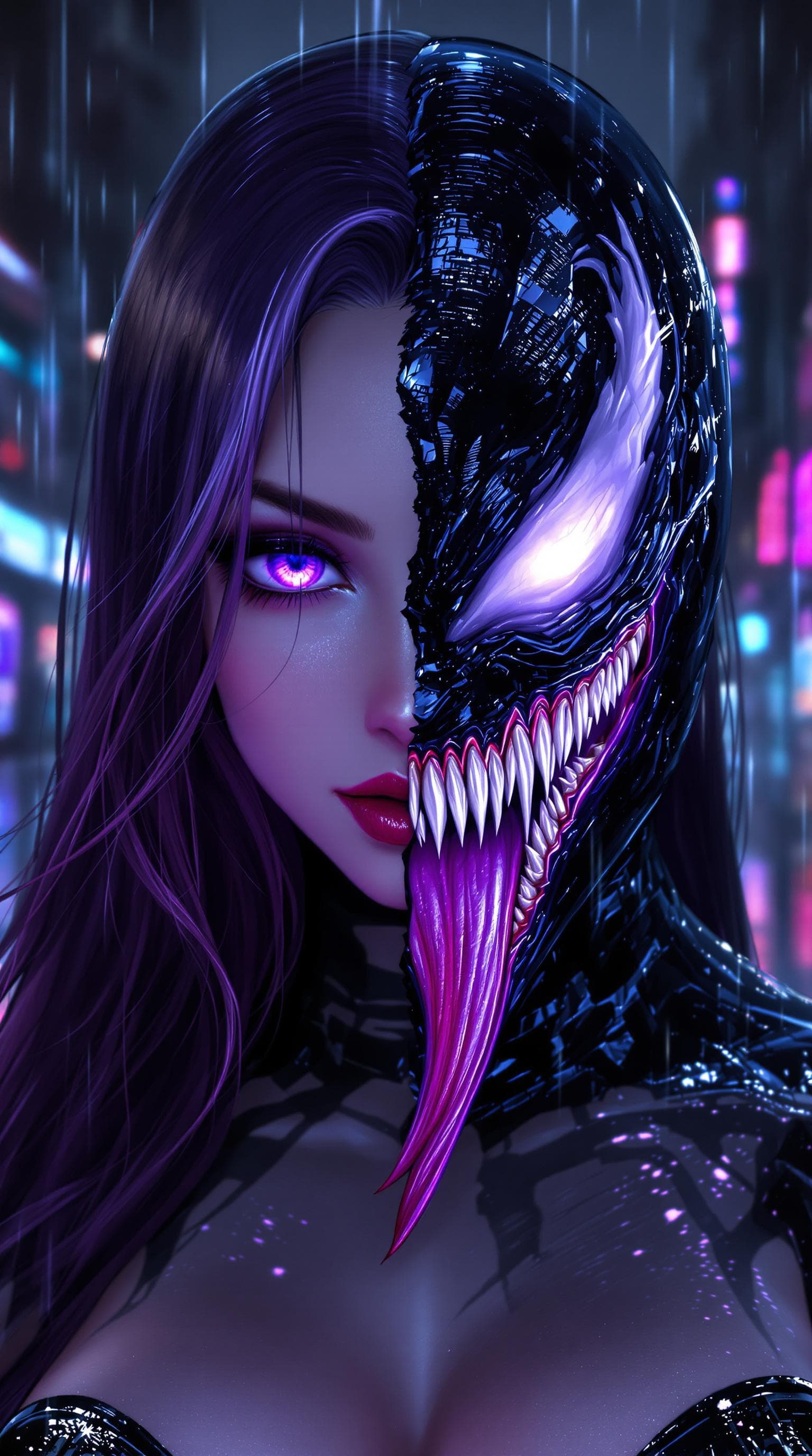 AI generated: A stunning anime-style portrait of a seductive young female character with long, flowing violet-tint...