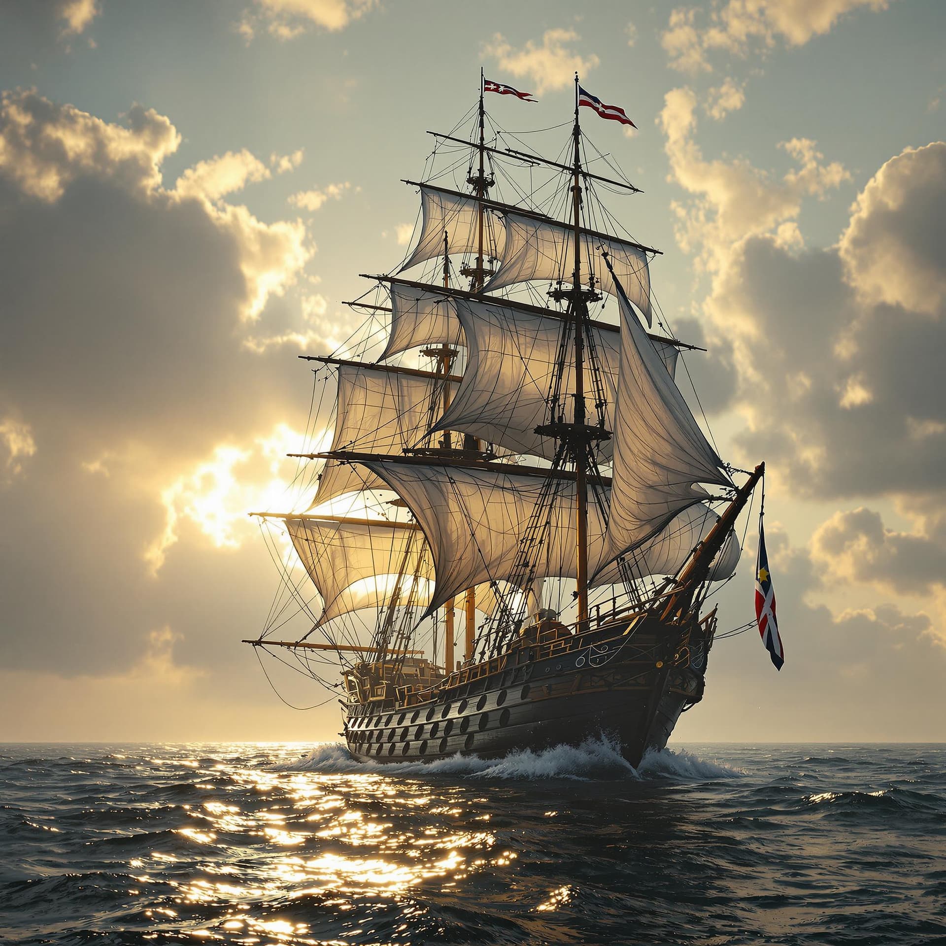 AI generated: Photo of a ultra realistic sailing ship, dramatic light, pale sunrise, cinematic lighting, battered,...
