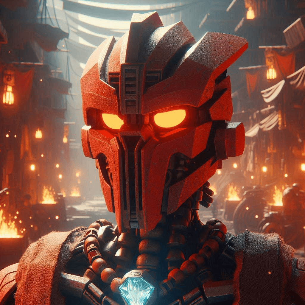 AI generated: Close-up Star Wars 4K cinematic CGI rendering of an ancient red Bionicle Matoran of Fire with orange...
