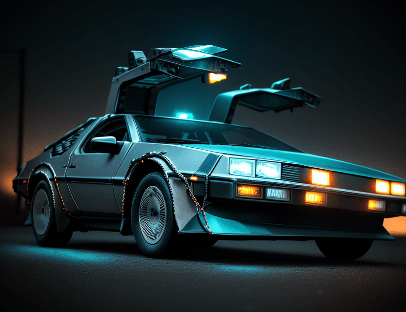 AI generated: Back to the Future time-traveling adventure with a DeLorean, 1980s setting, and highly detailed sci-...