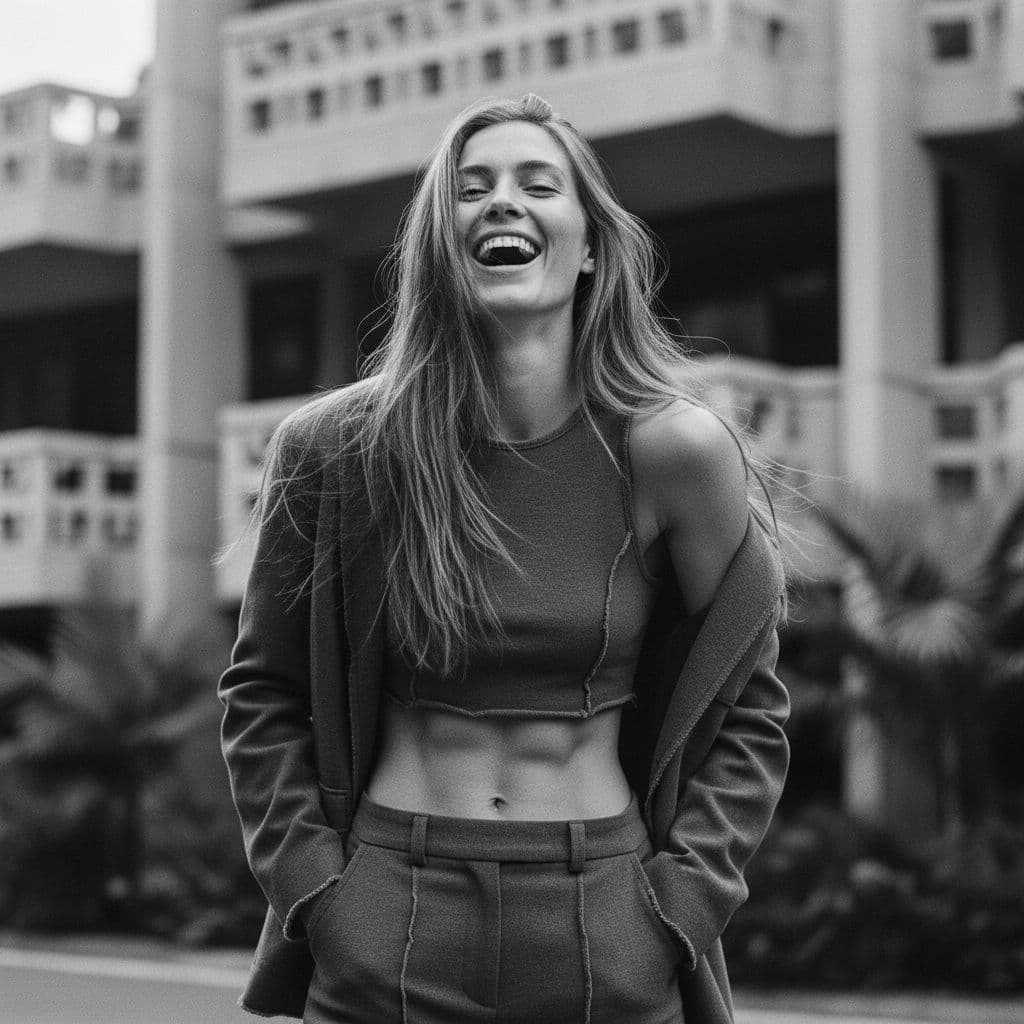 AI generated: Brutalist high Fashion waist up photo of a 20-year-old with extreme blond long hair Slim female with...