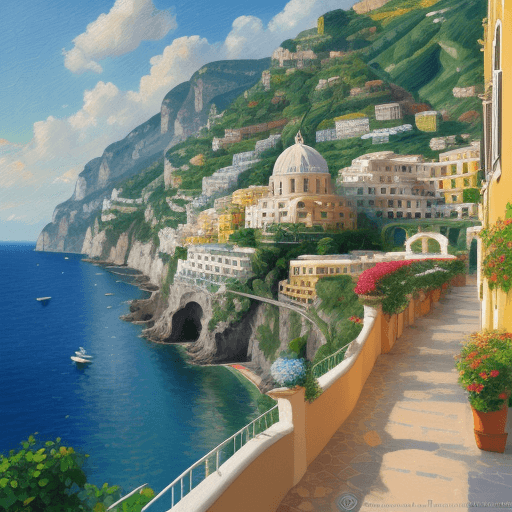AI generated: amalfi coast, oil painting, impressionist style, sunny day, colorful buildings and domes overlooking...