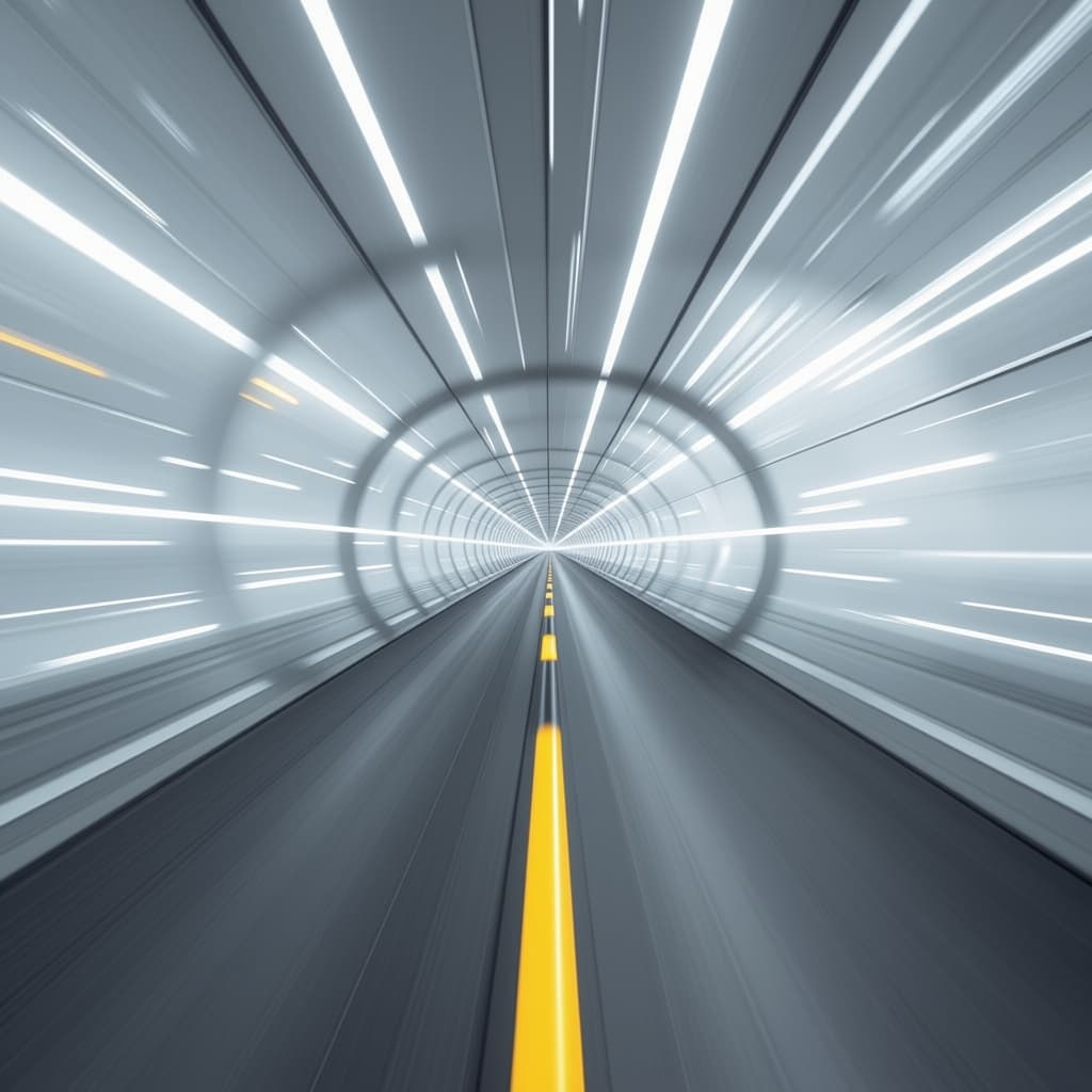AI generated: futurerstic, tunnel, fluchtpunkt, white, bright moving lights, long exposure, speed, dynamic, symmet...