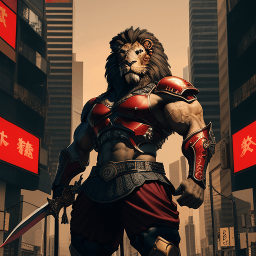 AI generated: Nombre caracas The image features a large, muscular lion with a sword in its hand, standing in a cit...
