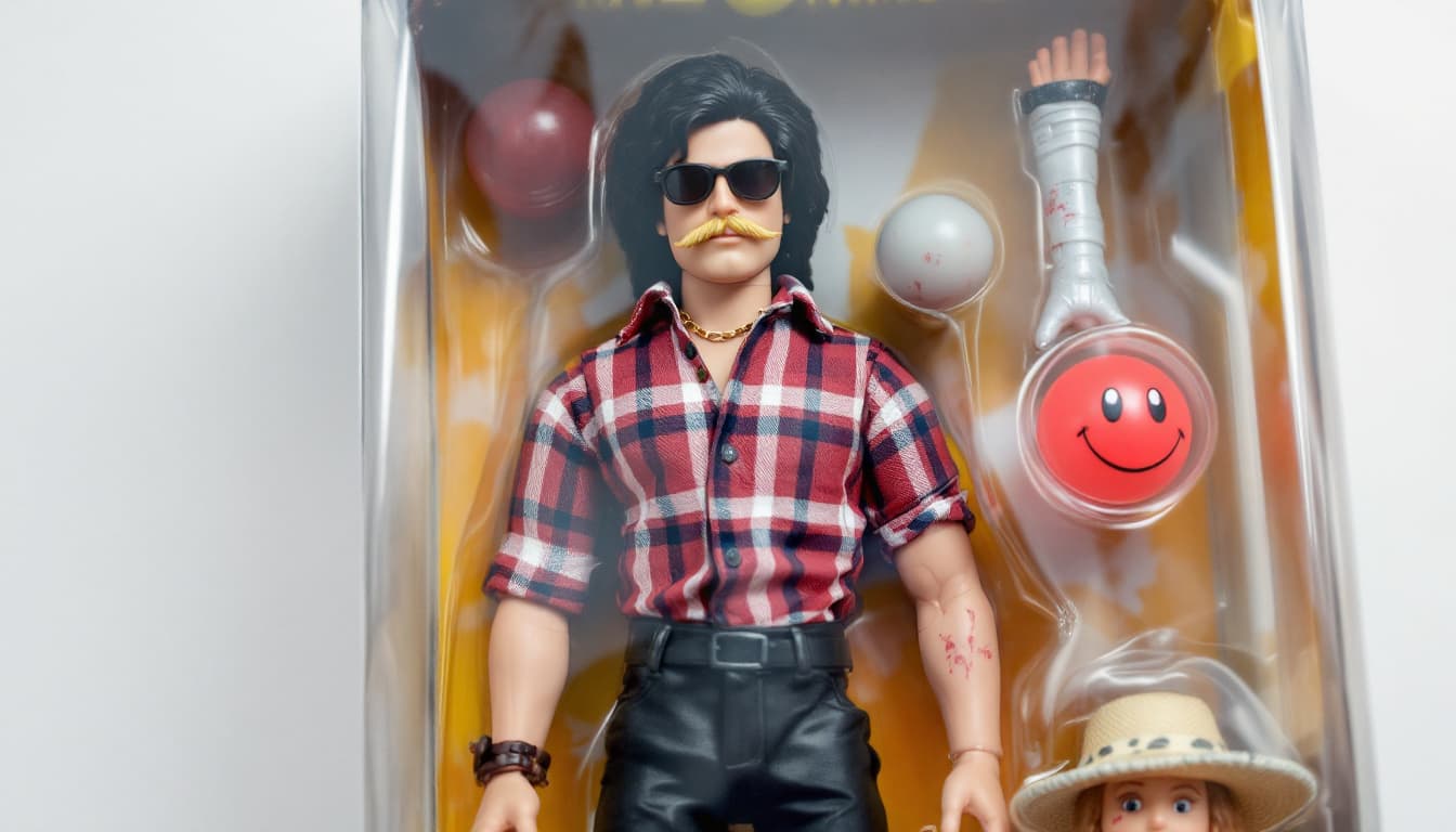 AI generated: 80s Kenner Star Wars toy , an action figure with dark hair, the doll toy wears black jeans, a red pl...