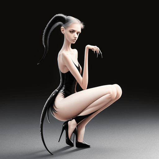 AI generated: very slim girl, with long curved claws, with skinny legs and long skinny calves in high heels and sq...