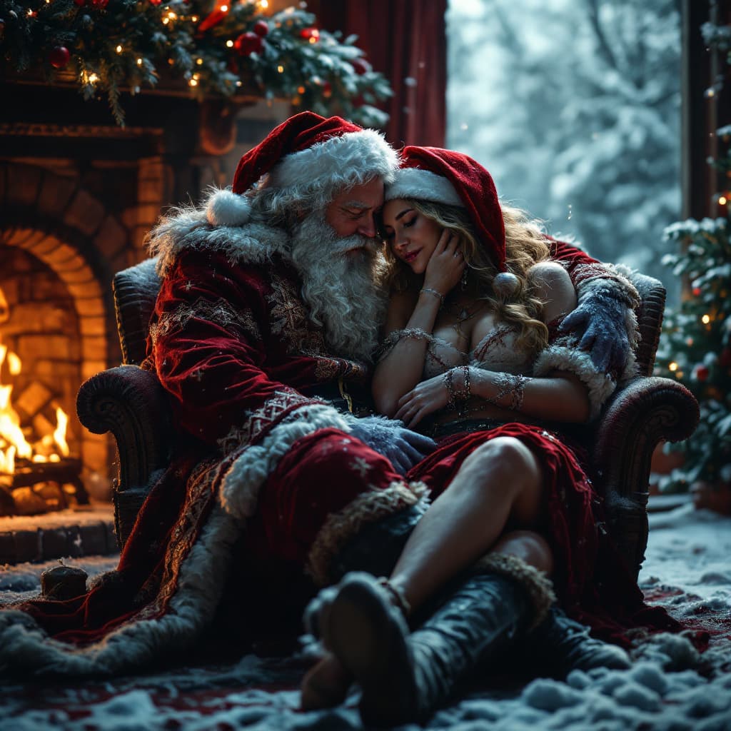 AI generated: santa in rocker clothes are sitting in an embrace by the fireplace, The background is Frozen, cinema...