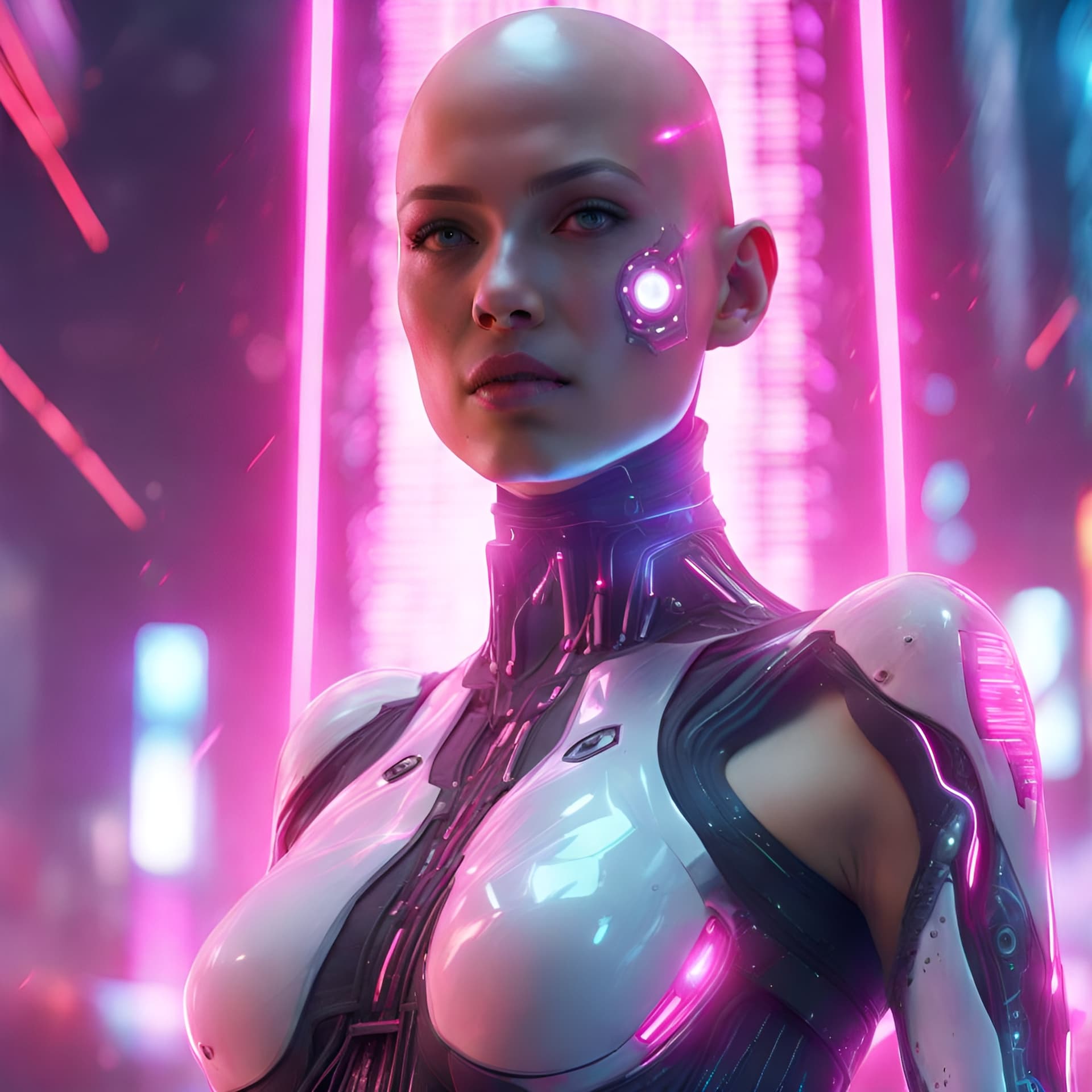 AI generated: Upper View of a Cyborg woman with cyberpunk body parts, bald, futuristic woman, Sci-fi, pink neon li...