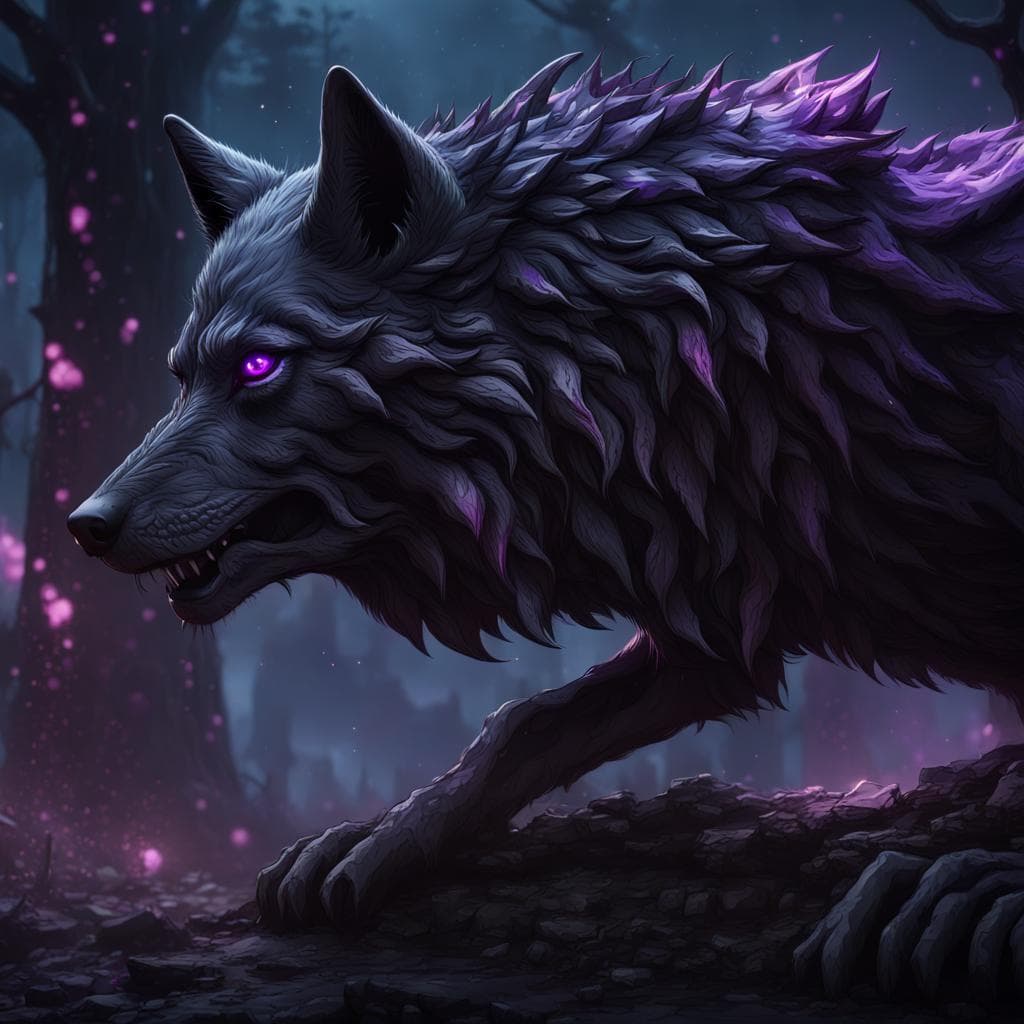 AI generated: The wolf king is black with luminous purple eyes in night in 8K quality