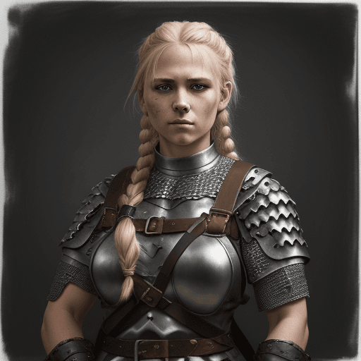 AI generated: Portrait of a white blacksmith woman with blonde, braided dirty hair. She has muscular arms and a sq...