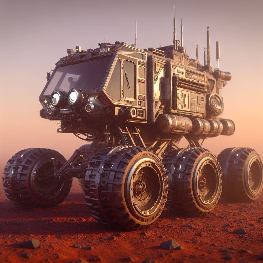 AI generated: manned vehicle with the appearance of a rover, plain of the planet Mars