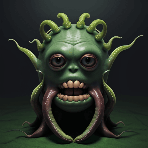 AI generated: Scary dark green monster, round head, no body, big toothy mouth, no eyes, many tentacles, green crac...