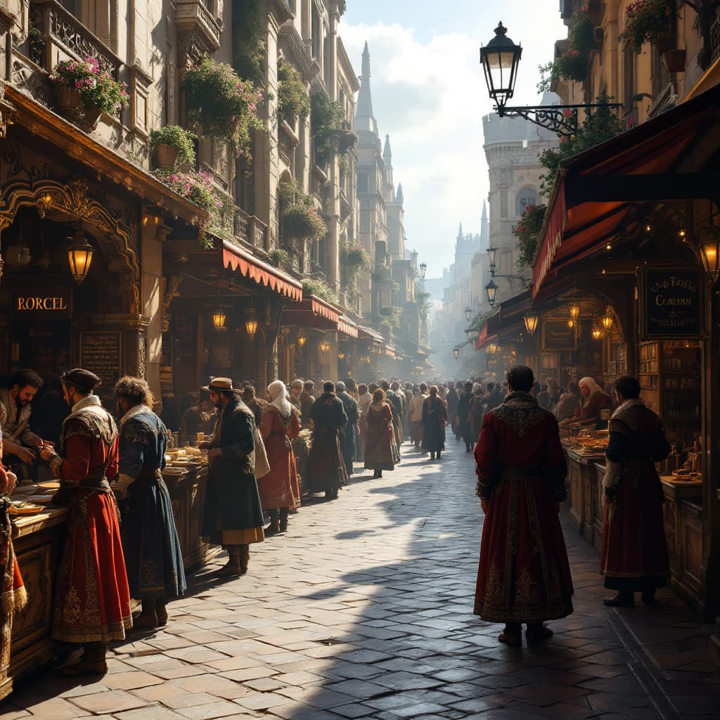 AI generated: 1.	a bustling Renaissance marketplace, richly dressed merchants, ornate stalls, early morning light ...