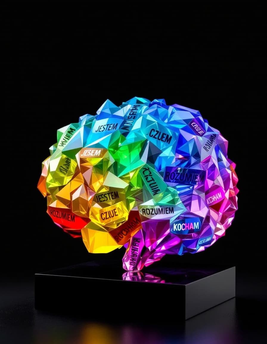 AI generated: A multi -colored crystal model of the human brain created from repeated words "WIEM" "JESTEM" "CZUJE...
