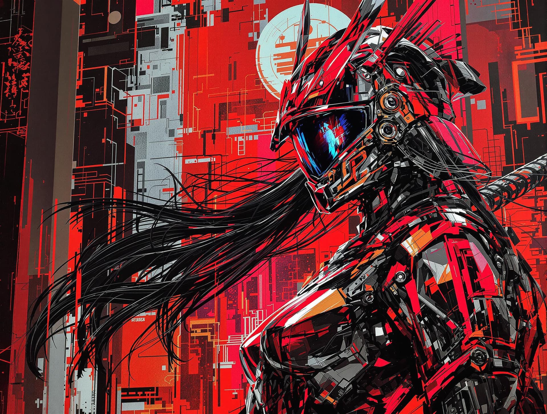 AI generated:  Abstract Expressionism. Medium shot. A female robot samurai stands in a temple, katana on her back....