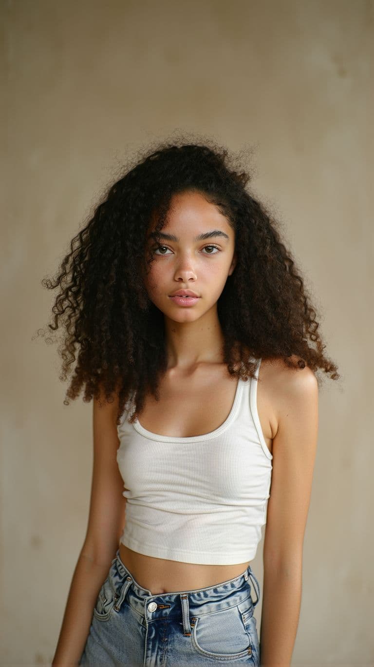 AI generated: A hyperrealistic portrait of an 18-year-old teenage girl with an extremely slim figure, standing in ...
