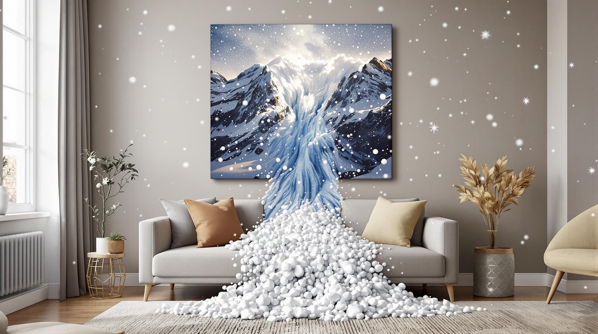 AI generated: A cozy living room features a soft sofa and a warm, textured rug. Above the couch hangs a dramatic p...